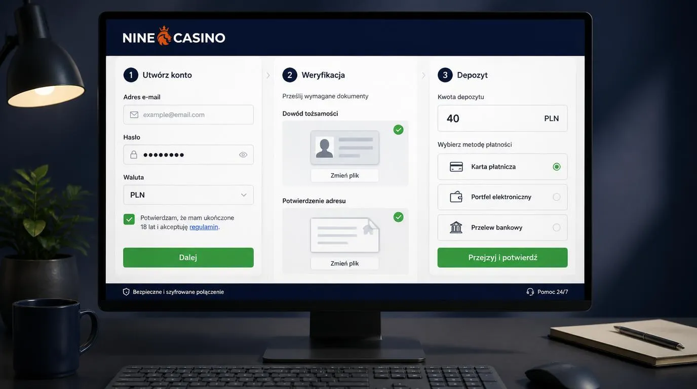 Panel rejestracji konta kasynowego, przesyłania dokumentów KYC i pierwszej wpłaty w PLN
