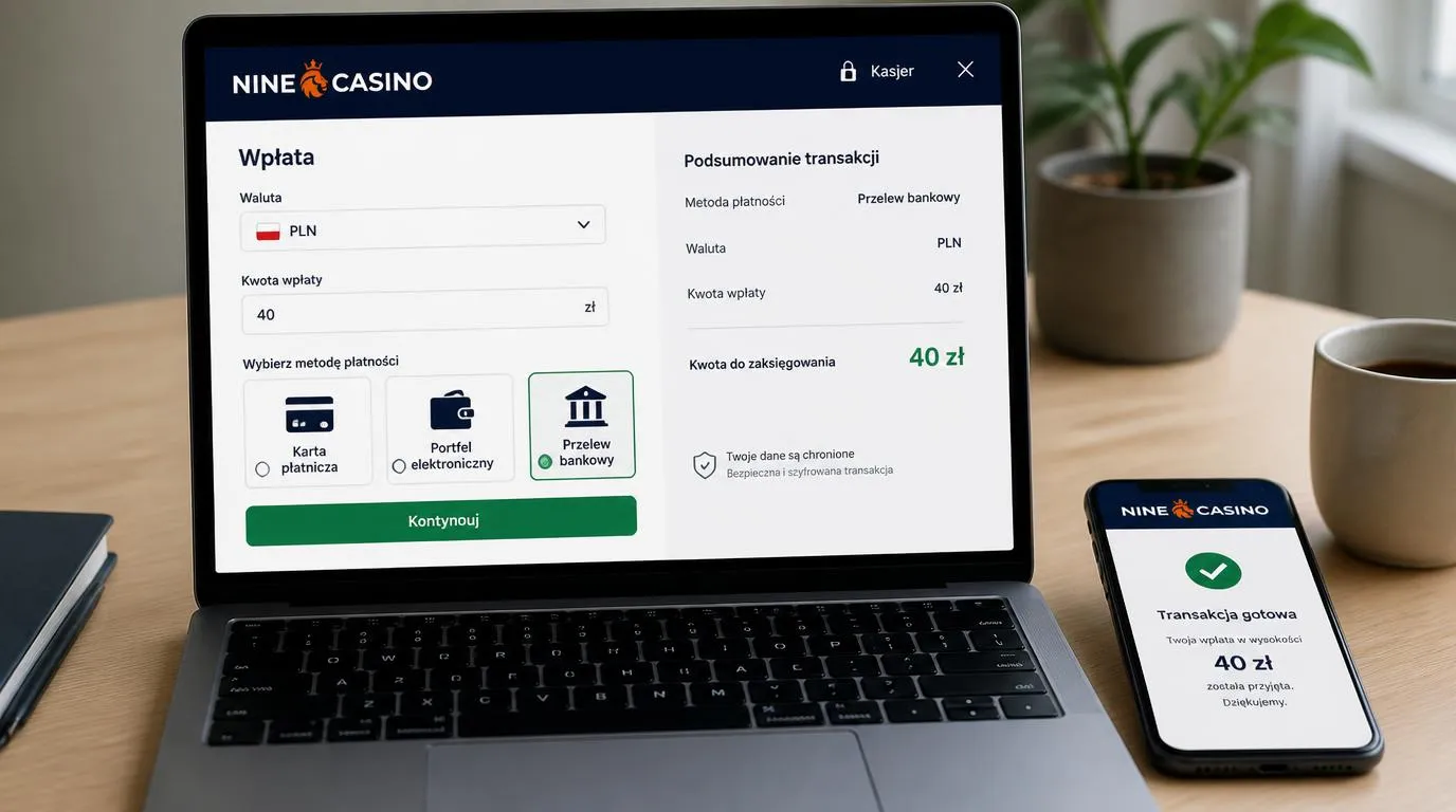 Panel kasy na laptopie z walutą PLN, kwotą wpłaty 40 zł i wyborem karty, portfela oraz przelewu