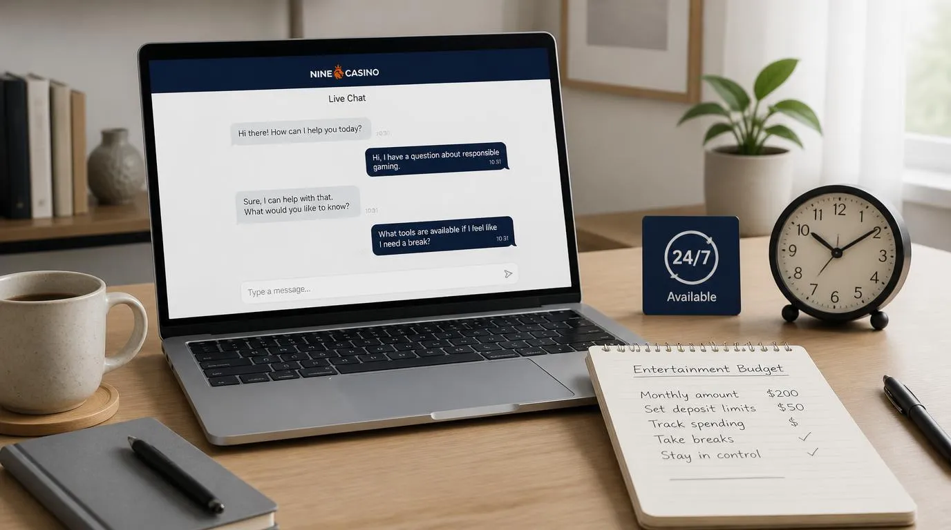 Laptop z oknem czatu dostępnym 24/7, obok zegar i notes do planowania budżetu na rozrywkę